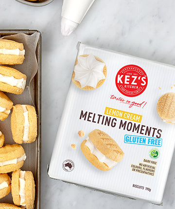 Load image into Gallery viewer, A pack of Kez's Kitchen Melting Moments. biscuits. They're made with Lemon flavoured Cream sandwiched between two melt in your mouth biscuits.
